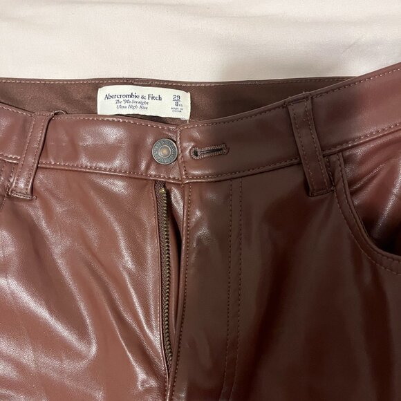 Abercrombie High Rise 90s Straight Vegan Leather Pant - Burgundy - Picture 3 of 4